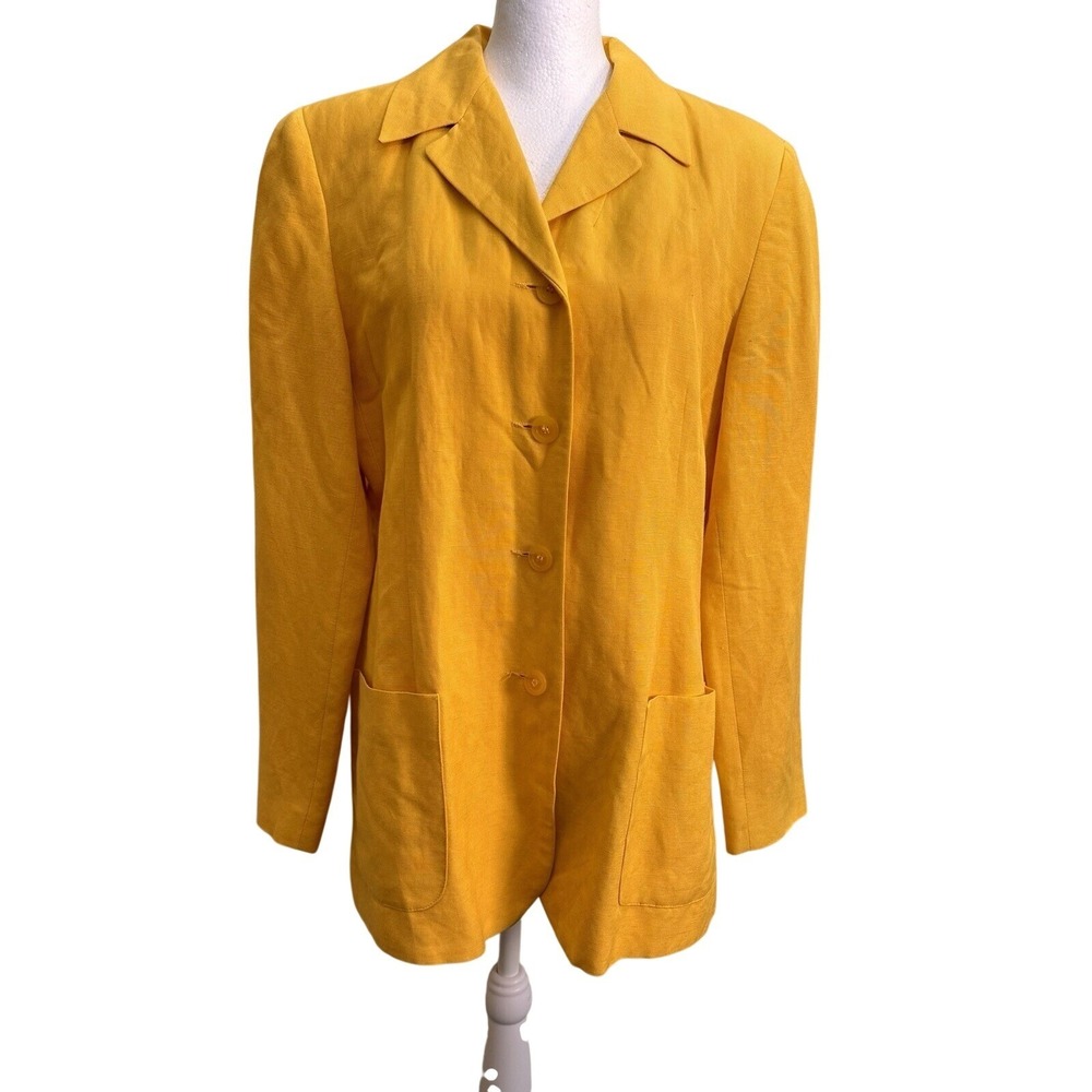Vintage 90s Harve Benard Yellow Linen Rayon Blazer Long Jacket Womens Size 10